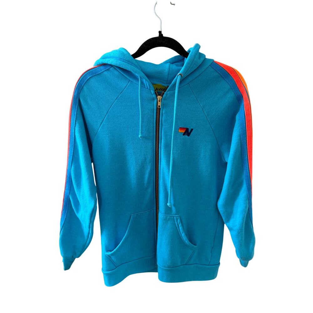 Aviator Nation Zip Up Hoodie Blue Neon Stripes Size Small